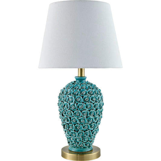 Thayer Accent Table Lamp by Livabliss in green and plated, glazed. Made from ceramic, iron, linen in a unique style.