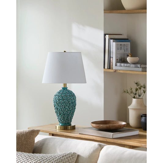 Thayer Accent Table Lamp by Livabliss in green and plated, glazed. Made from ceramic, iron, linen in a unique style.