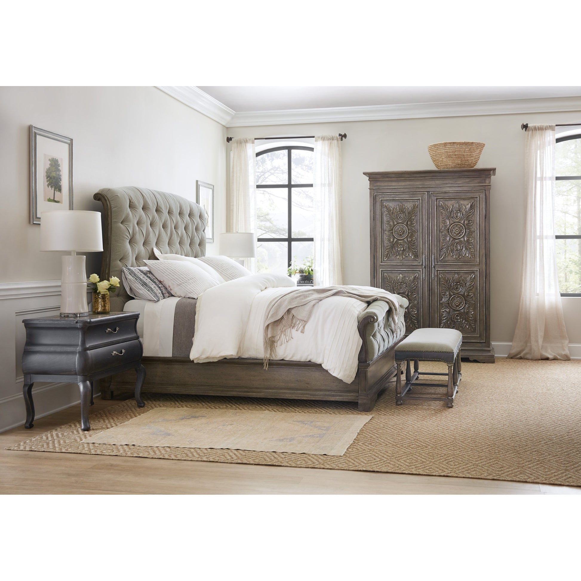 Woodlands Upholstered Bed by Hooker Furniture in lenox taupe, heathered lambswool. Made from quartered oak veneers with fabric in a traditional style.