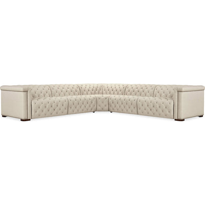 Savion Deux 5 Seat Sectional with Three Power Recliners and Six Power Headrests by Hooker Furniture in dark wood. Made from unique in a traditional style.