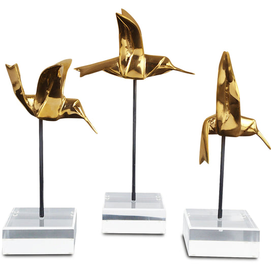 Hummingbirds Set by Currey and Company in gold, black, clear. Made from bronze, metal, acrylic in a modern style.