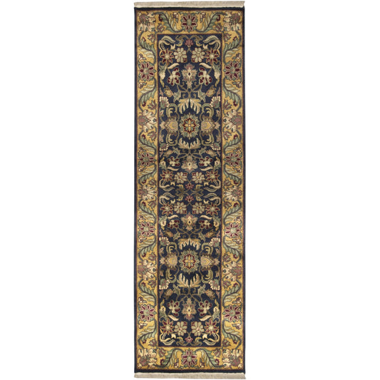Taj Mahal Rug - 12104 by Surya in ink blue, amber, tan, mustard, olive, medium green. Made from 100% semi-worsted new zealand wool in a unique style.