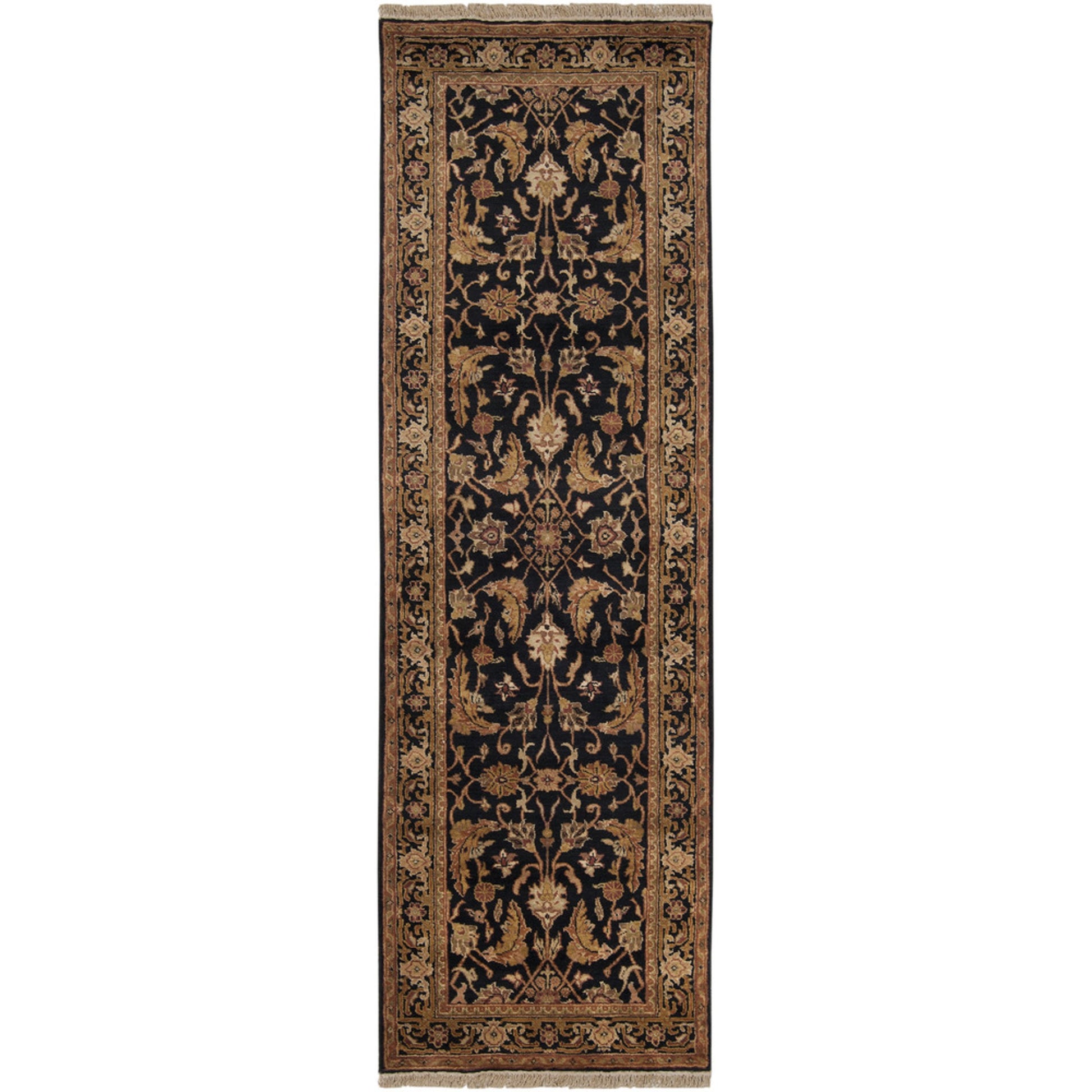 Taj Mahal Rug - 1616 by Surya in black, mustard, burnt orange, olive, dark brown. Made from 100% semi-worsted new zealand wool in a unique style.