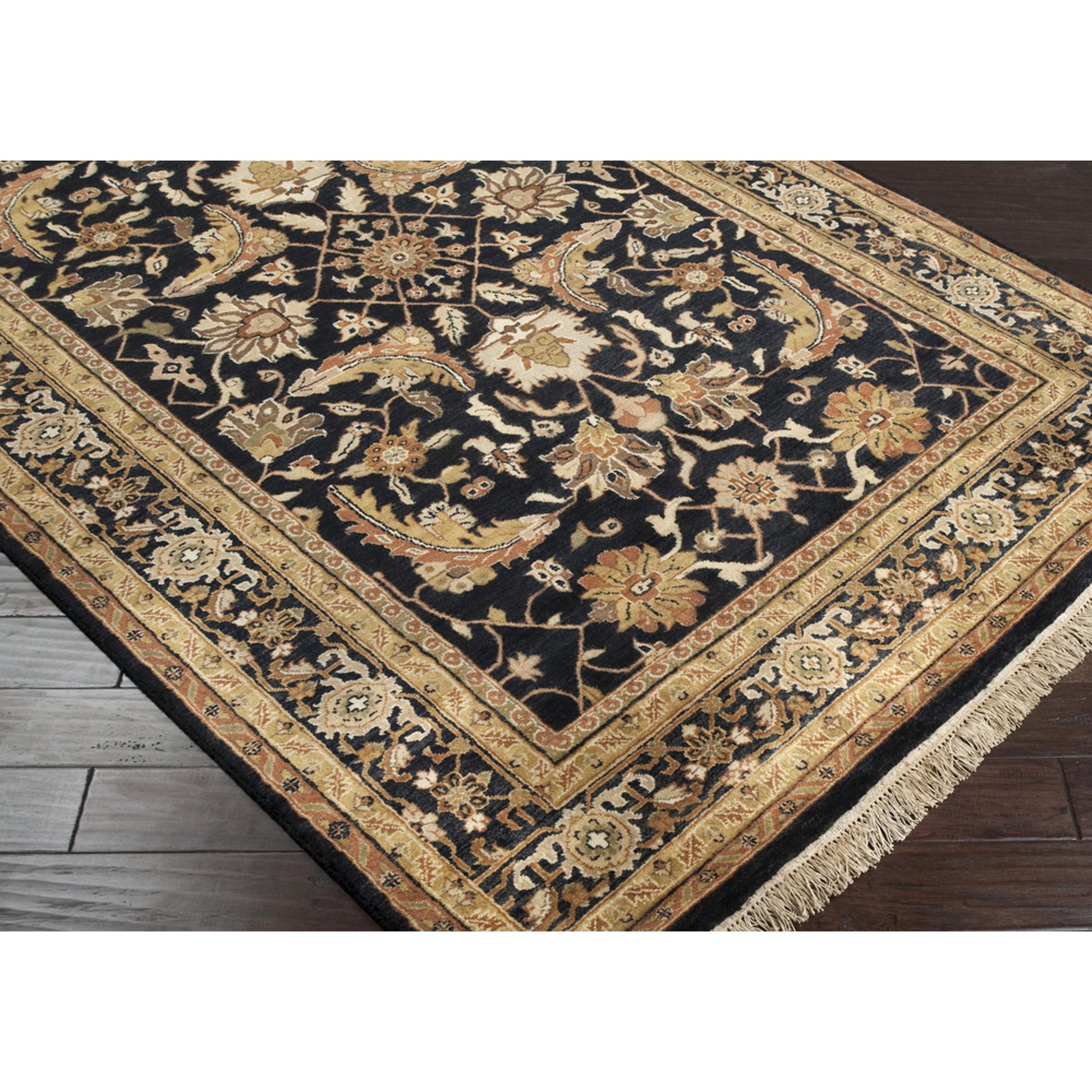 Taj Mahal Rug - 1616 by Surya in black, mustard, burnt orange, olive, dark brown. Made from 100% semi-worsted new zealand wool in a unique style.