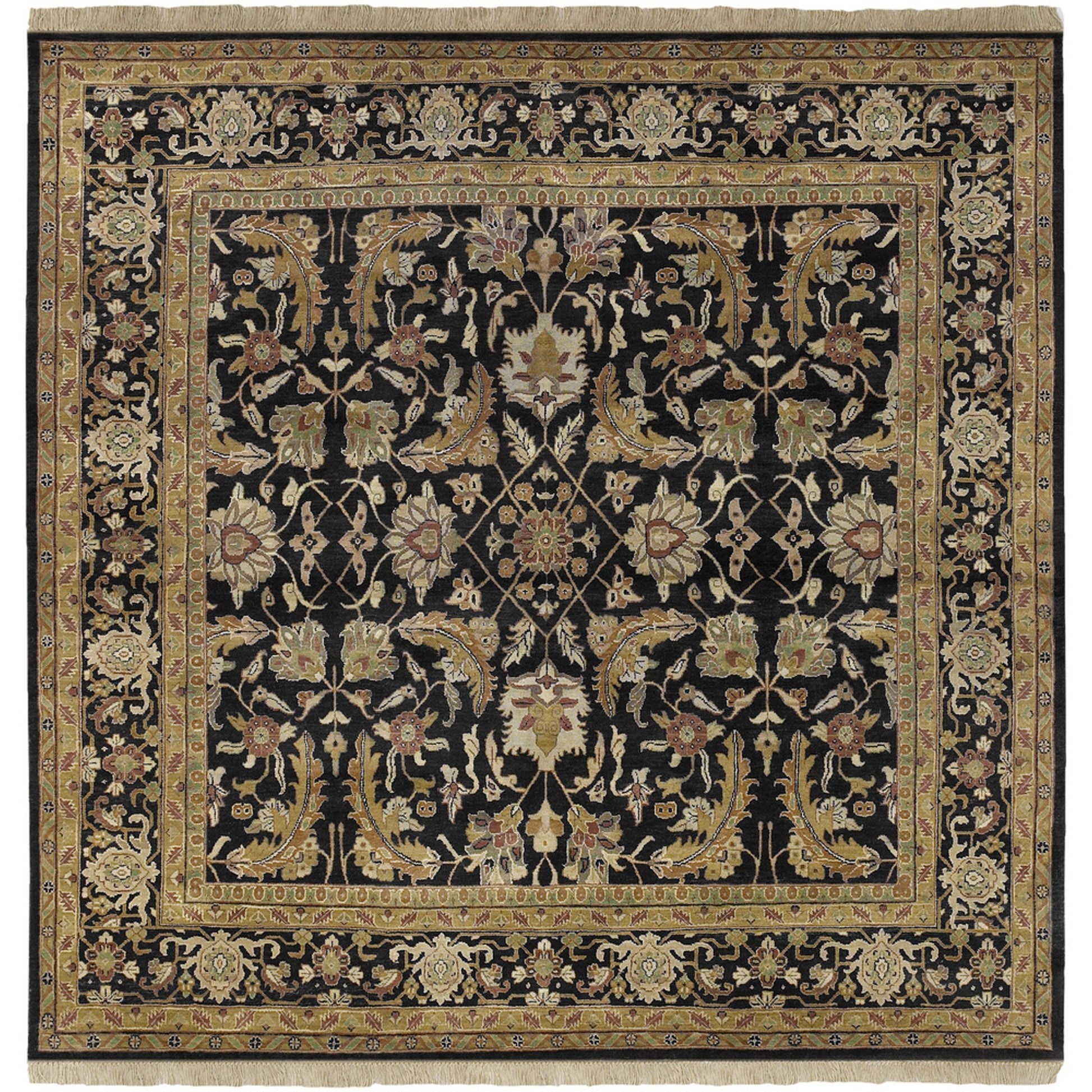 Taj Mahal Rug - 1616 by Surya in black, mustard, burnt orange, olive, dark brown. Made from 100% semi-worsted new zealand wool in a unique style.