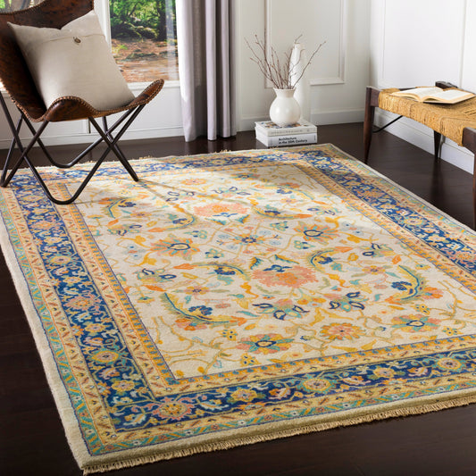 Taj Mahal Rug - 21670 by Surya in mustard, teal, navy, burnt orange, sage. Made from 100% semi-worsted new zealand wool in a unique style.