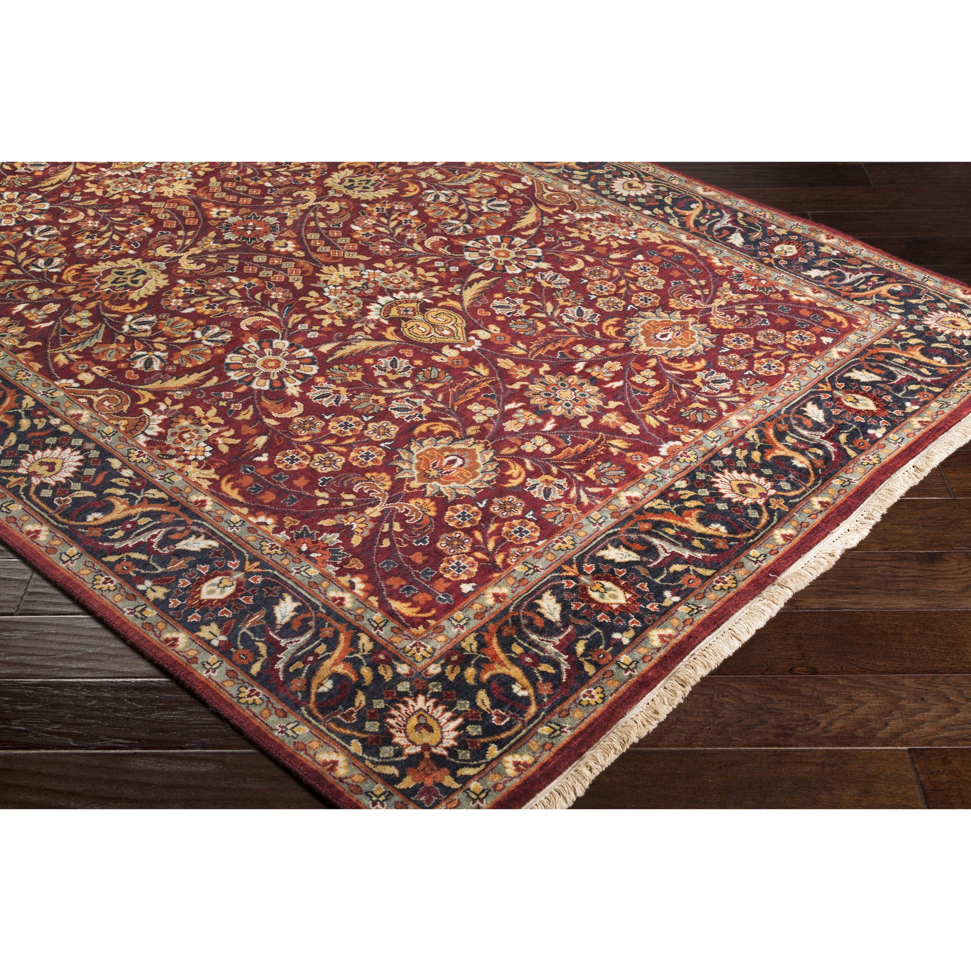 Taj Mahal Rug - 21671 by Surya in burgandy, sage, black, mustard, light olive, rust. Made from 100% semi-worsted new zealand wool in a unique style.