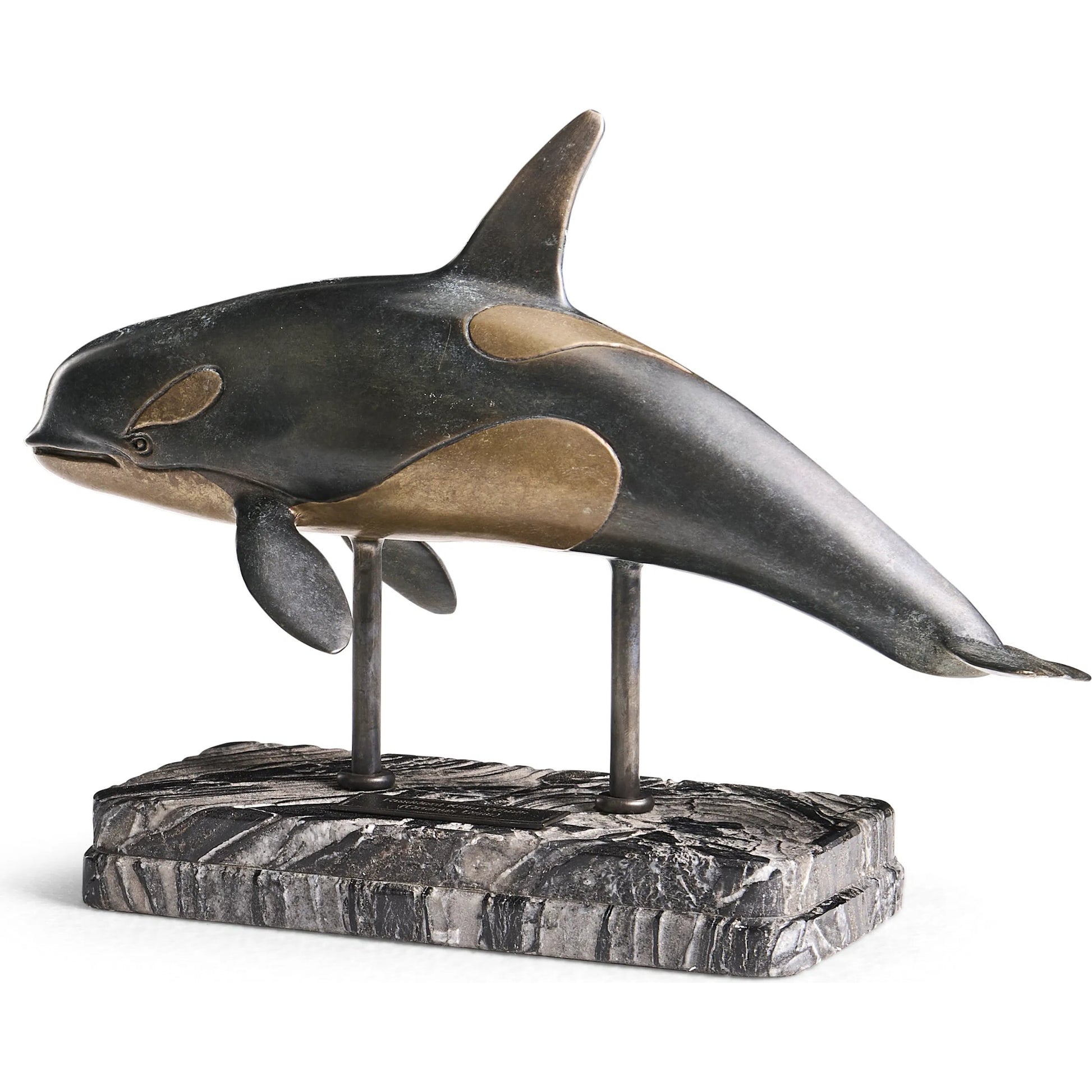 Killer Whale Bronze Statue with Marble Base by Jonathan Charles in dark rustic waxed bronze. Made from main brass in a unique style.