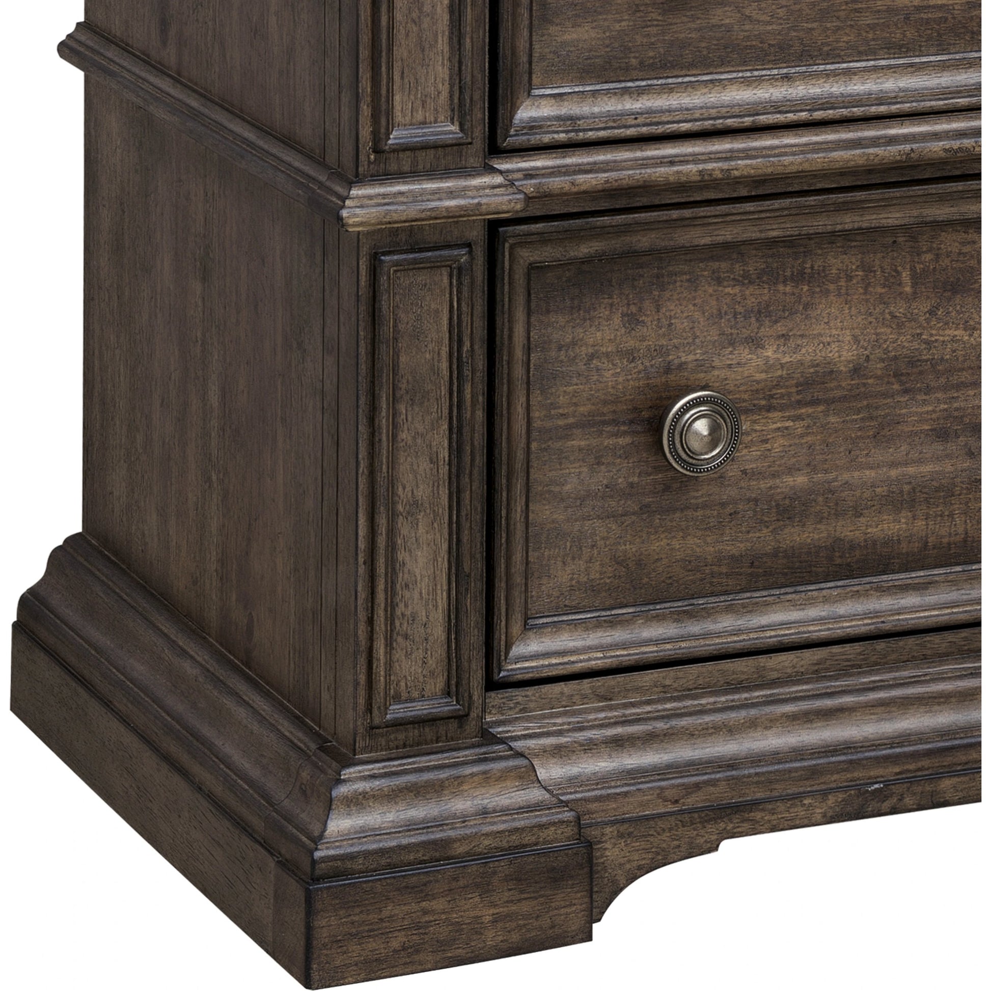 Woodbury Two-Drawer Nightstand by Pulaski Furniture in cowboy boots brown. Made from rubberwood in a traditional style.