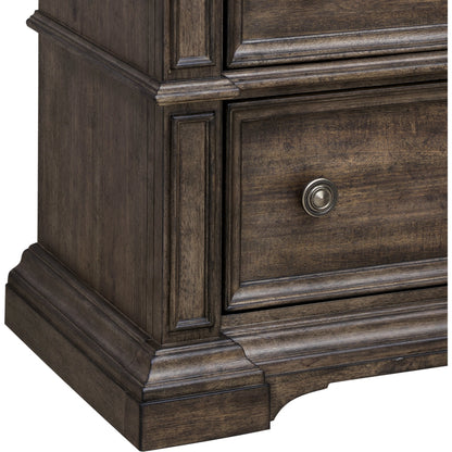 Woodbury Two-Drawer Nightstand by Pulaski Furniture in cowboy boots brown. Made from rubberwood in a traditional style.