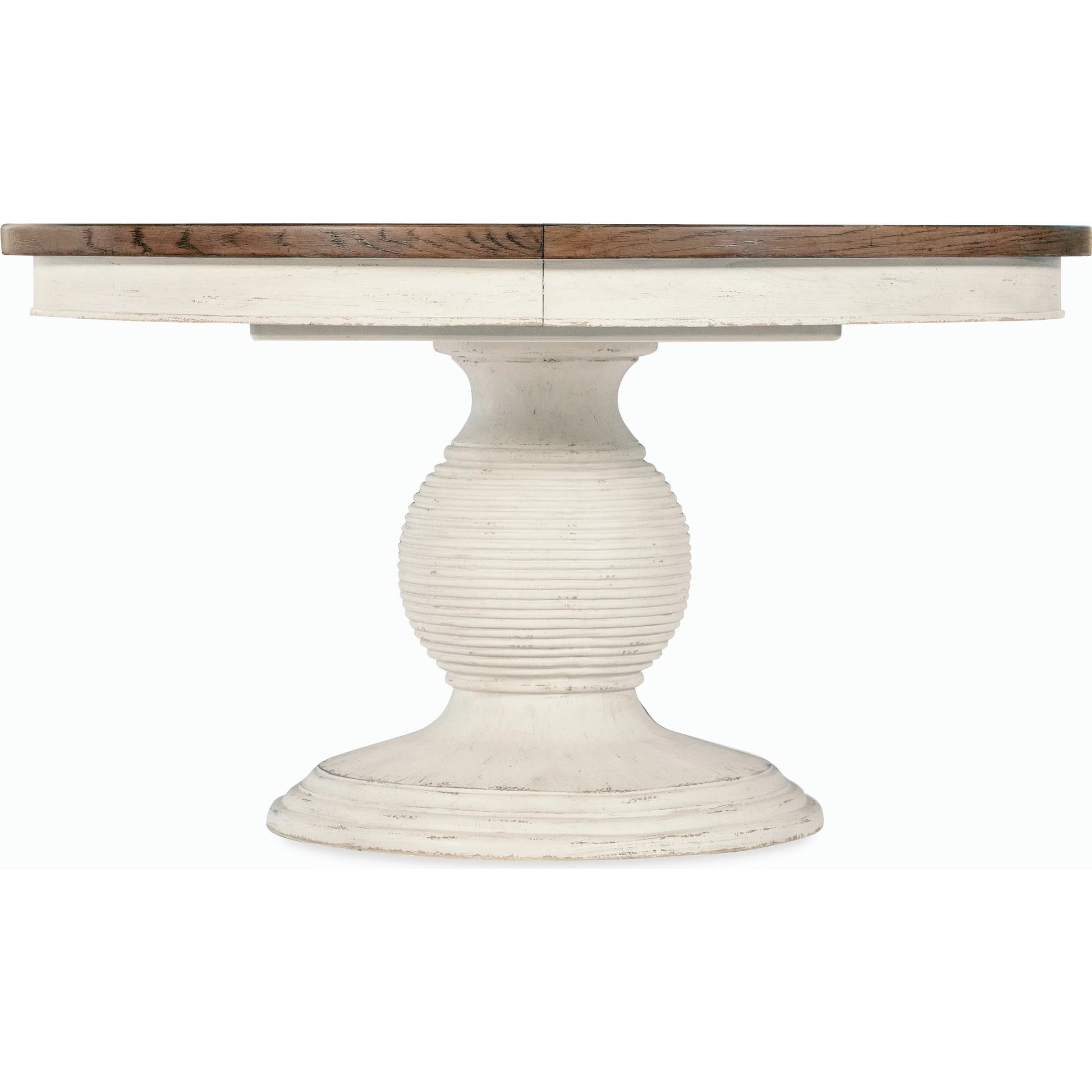 Americana Round Pedestal Dining Table by Hooker Furniture. Made from oak veneers, resin with solid-wood edge top in a cottage & farmhouse style.