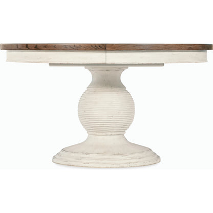 Americana Round Pedestal Dining Table by Hooker Furniture. Made from oak veneers, resin with solid-wood edge top in a cottage & farmhouse style.