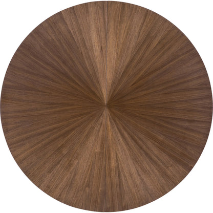 Eleana Round Dining Table with One 20-inch Leaf by Hooker Furniture in light caramel, sunlit bronze metal. Made from walnut veneers, metal in a modern style.