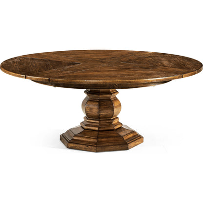 Casual Accents Country Walnut Round Extendable Dining Table 59" by Jonathan Charles in brown and country farmhouse walnut. Made from acacia in a traditional style.