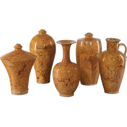 Romulus Vase Set by Currey and Company in yellow, brown. Made from porcelain in a modern style.