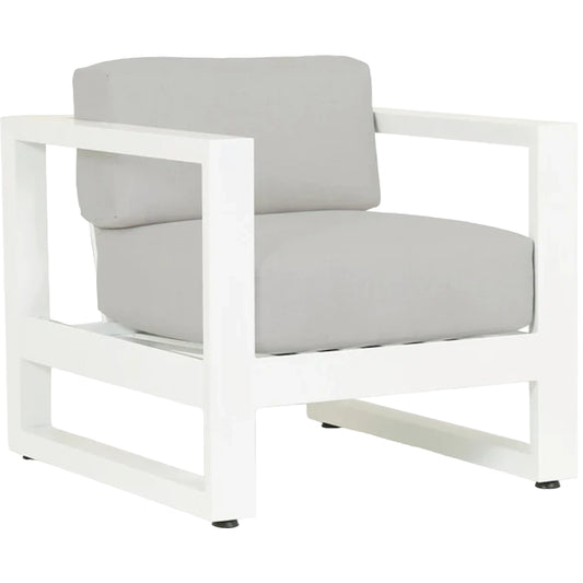 Newport Outdoor Club Chair by Sunset West in frost. Made from aluminum in a modern style.