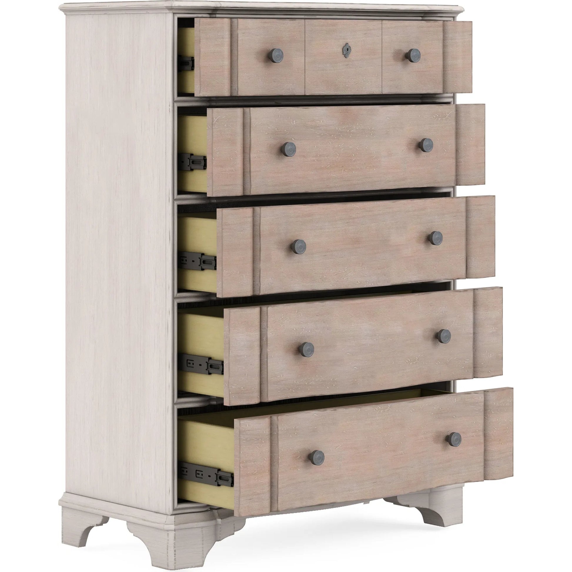 Alcove Drawer Chest by A.R.T. Furniture in belgian ivory, washed maple. Made from acacia solids, maple veneers, metal in a modern style.