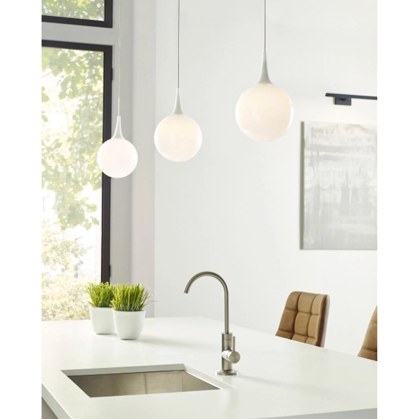 006 SI-2229062,SI-2229063 | Lifestyle | Pele Pendant by Visual Comfort & Co. in white and satin nickel. Made from glass in a unique style.