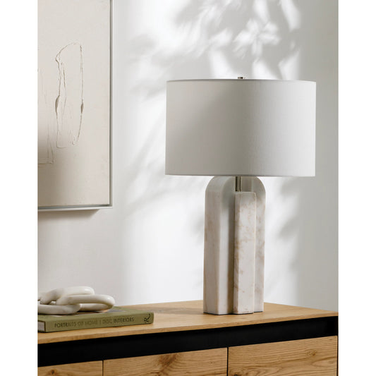 Tallado Accent Table Lamp - 538051 by Livabliss in body: white, shade: white, finial: metallic - nickel, harp: metallic - nickel, cord: translucent and naturalplated. Made from marble, linen, polyester, iron in a modern style.