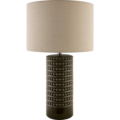 Tolfa Accent Table Lamp by Surya in dark brown and glazed, plated. Made from ceramic, linen, polyester, iron in a modern style.
