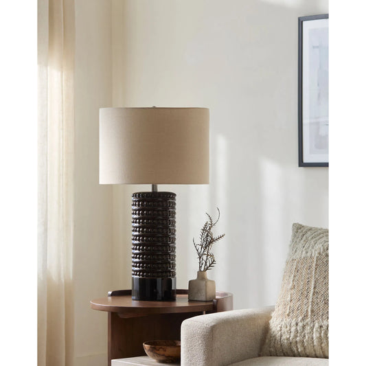 Tolfa Accent Table Lamp by Surya in dark brown and glazed, plated. Made from ceramic, linen, polyester, iron in a modern style.