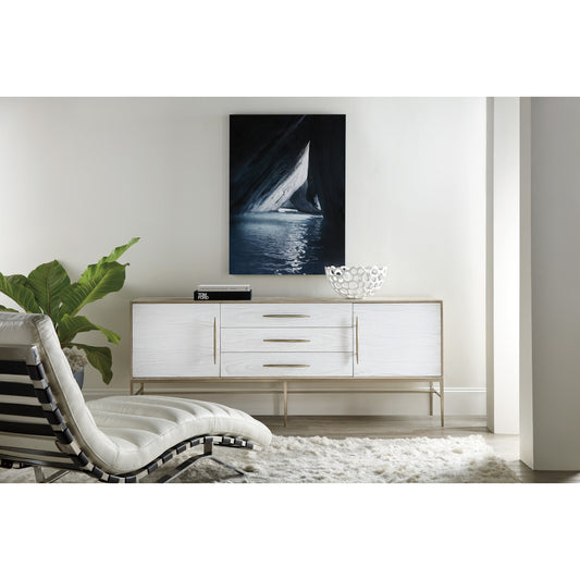 Cascade Entertainment Console by Hooker Furniture in terrain, chalk. Made from oak veneers, cast resin drawer, door fronts, metal in a cottage & farmhouse style.