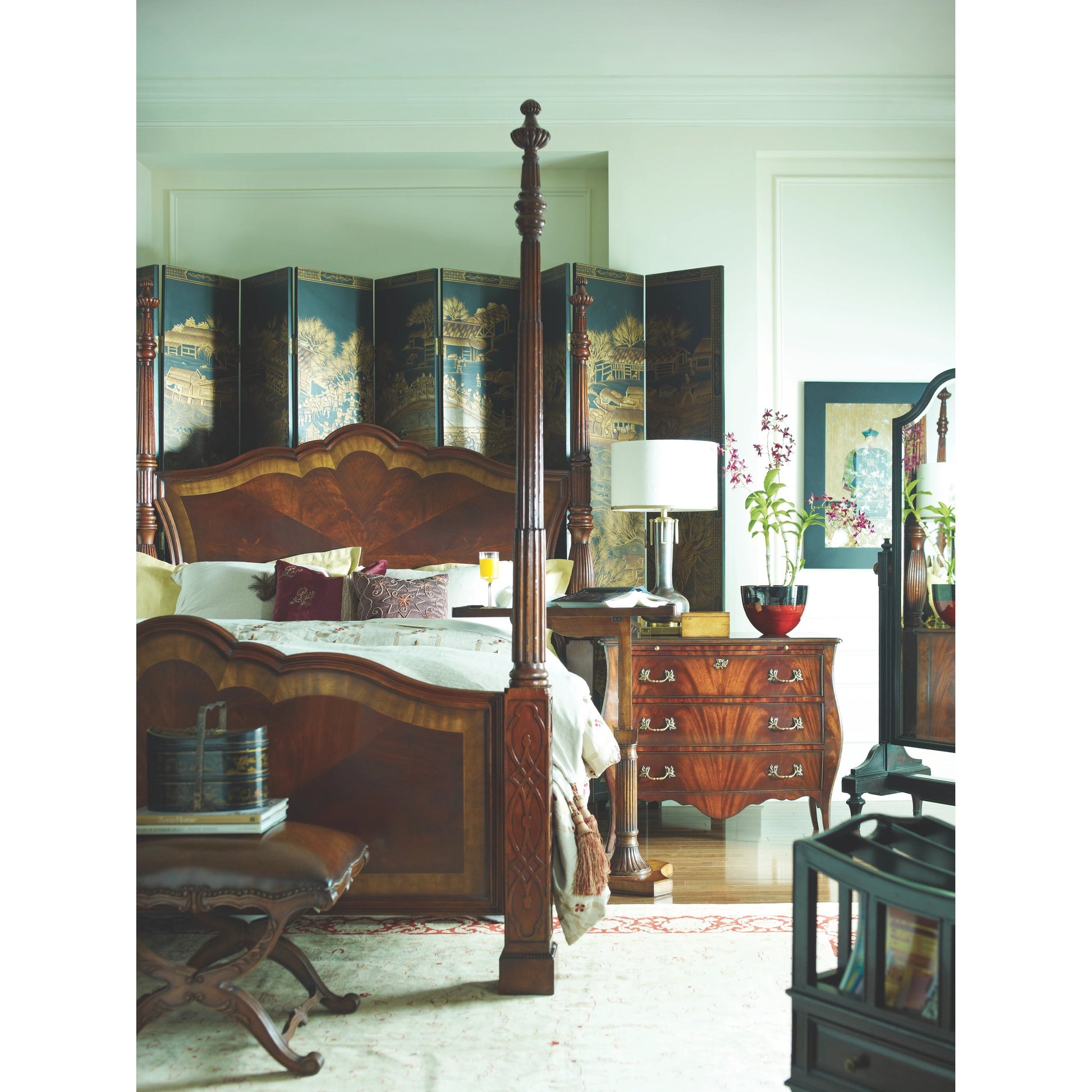 Versailles Mahogany King Poster Bed by Jonathan Charles in brown and medium antique mahogany. Made from mahogany in a traditional style.