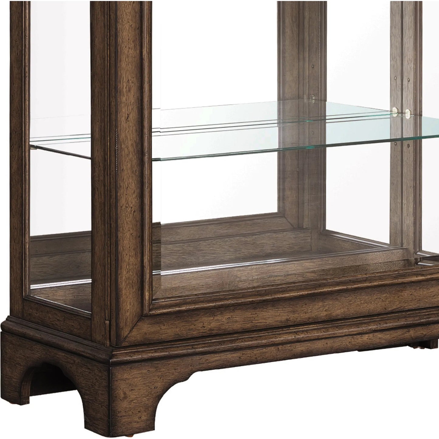 003 SI-2238729 | Closeup | Traditional Sliding Door Curio with Glass Shelves and LED Light by Pulaski Furniture in chestnut. Made from oak wood veneers in a unique style.