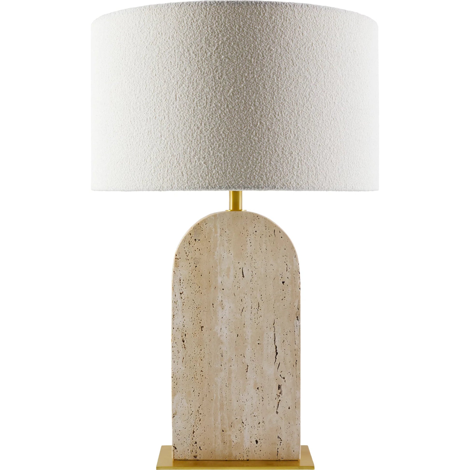 Tenor Accent Table Lamp by Surya in metallic brass, beige, black, white and platednatural. Made from travertine, iron, linen, polyester in a transitional style.