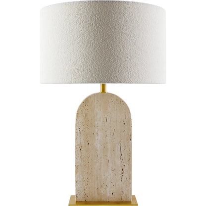Tenor Accent Table Lamp by Surya in metallic brass, beige, black, white and platednatural. Made from travertine, iron, linen, polyester in a transitional style.