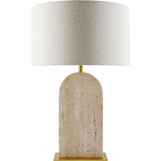 Tenor Accent Table Lamp by Surya in body: beige; base: metallic - brass; shade: white; cord: black and platednatural. Made from travertine, iron, linen, polyester in a unique style.