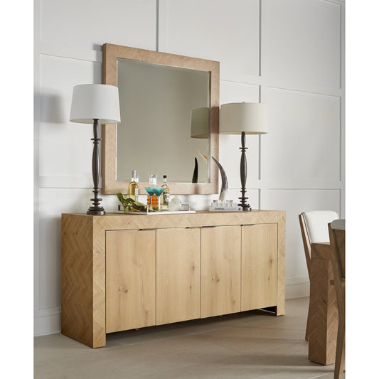 Garrison Square Mirror by A.R.T. Furniture in brown and washed oak. Made from parawood solids with ash embossing, white oak veneers, glass in a cottage & farmhouse style.
