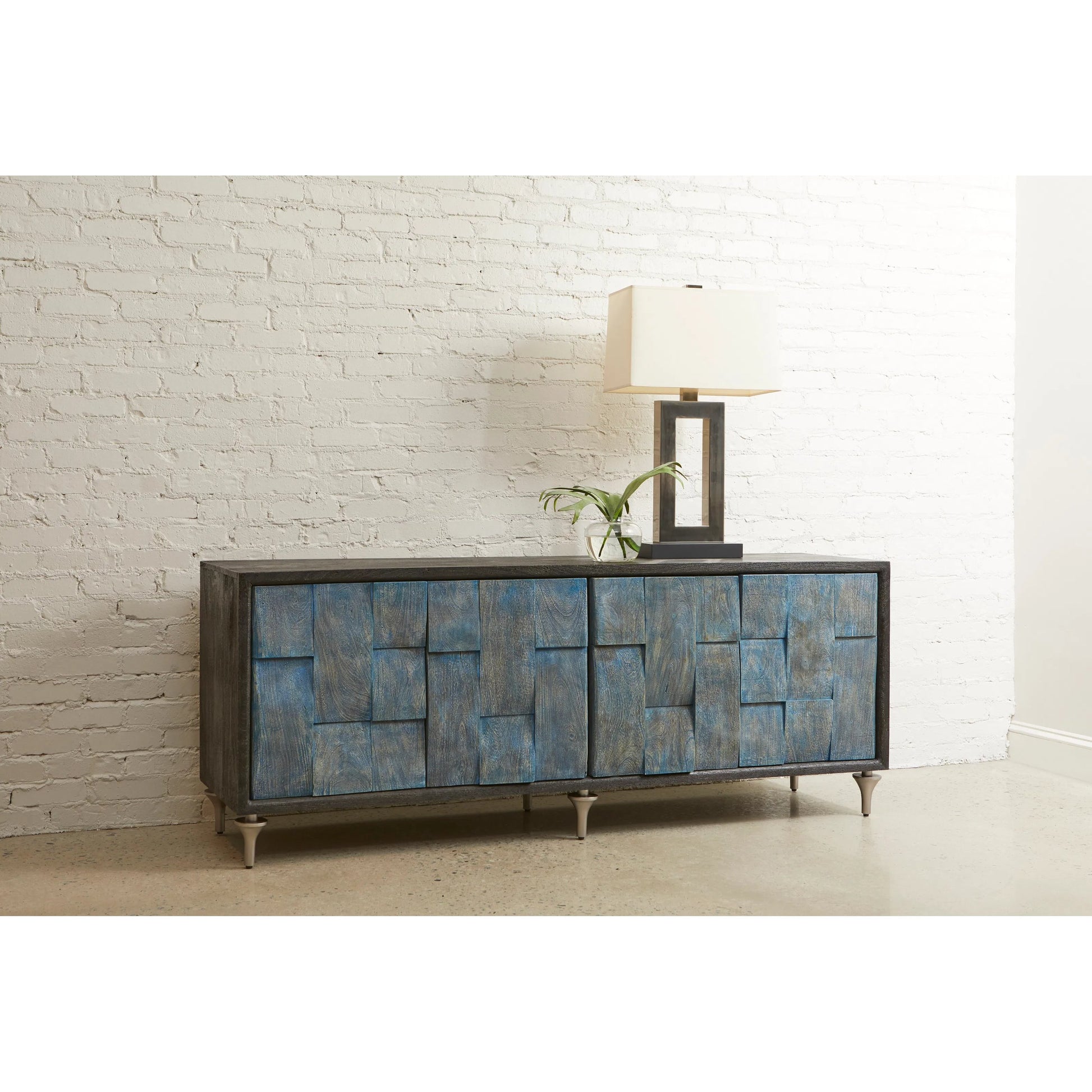 4-Door Entertainment Console by Pulaski Furniture in black, ocean blue. Made from mango veneers in a unique style.