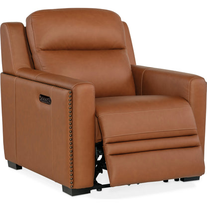 McKinley Power Recliner by Hooker Furniture in candid spice and dark wood. Made from leather in a traditional style.