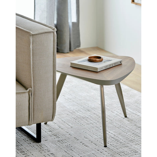 Trinity End Table by Surya in top: brown, base: nickel and painted. Made from top: manufactured wood, base: stainless steel in a modern style.