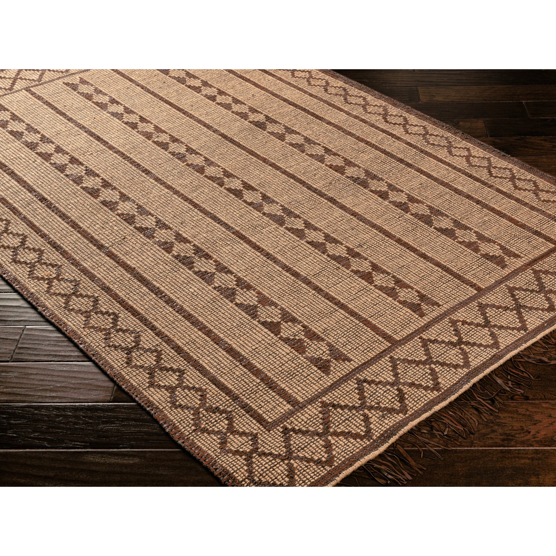 Touareg Rug - 28178 by Surya in tan, dark brown, charcoal. Made from face: 50% jute, 50% leather, warp: 100% jute in a unique style.