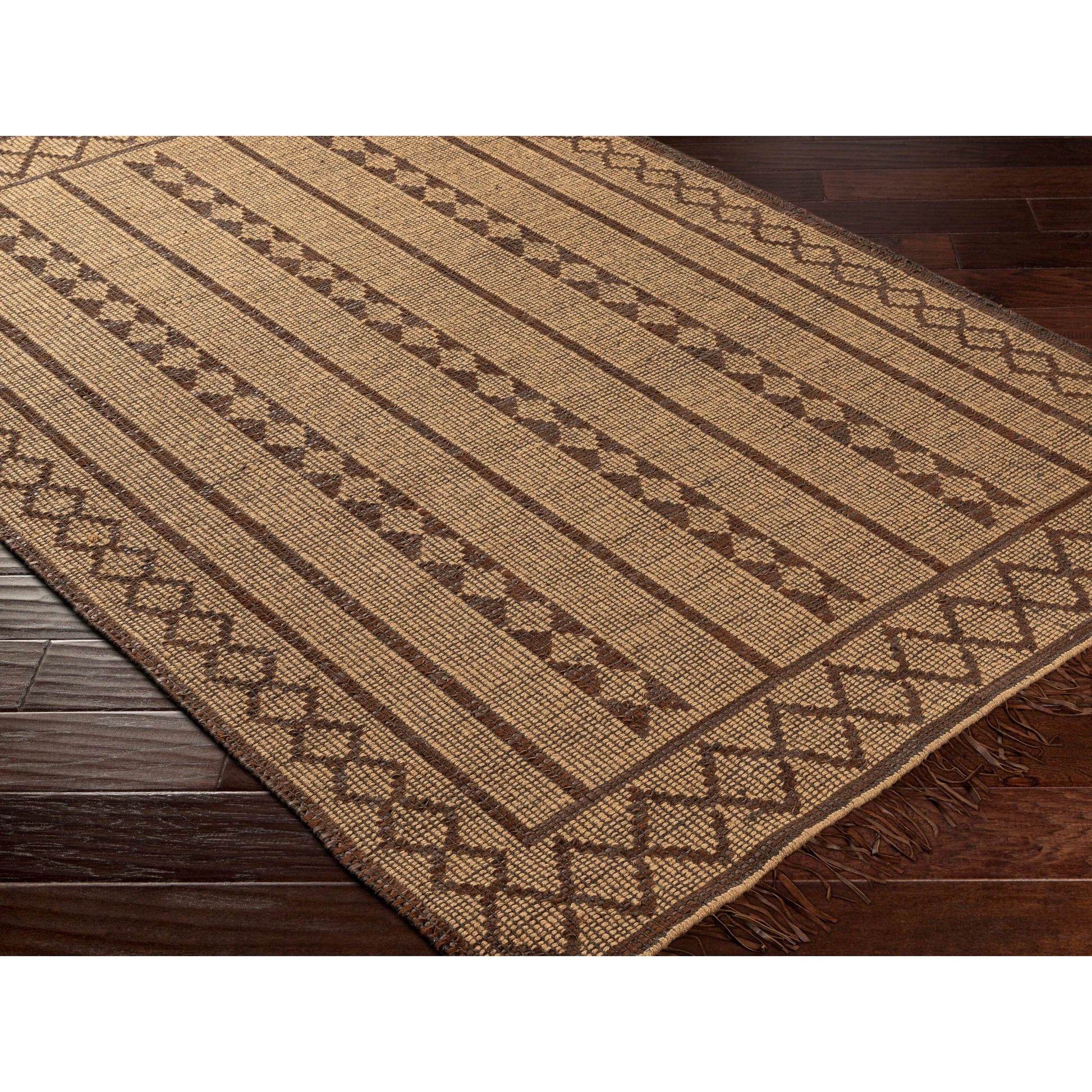 Touareg Rug - 28178 by Surya in tan, dark brown, charcoal. Made from face: 50% jute, 50% leather, warp: 100% jute in a unique style.