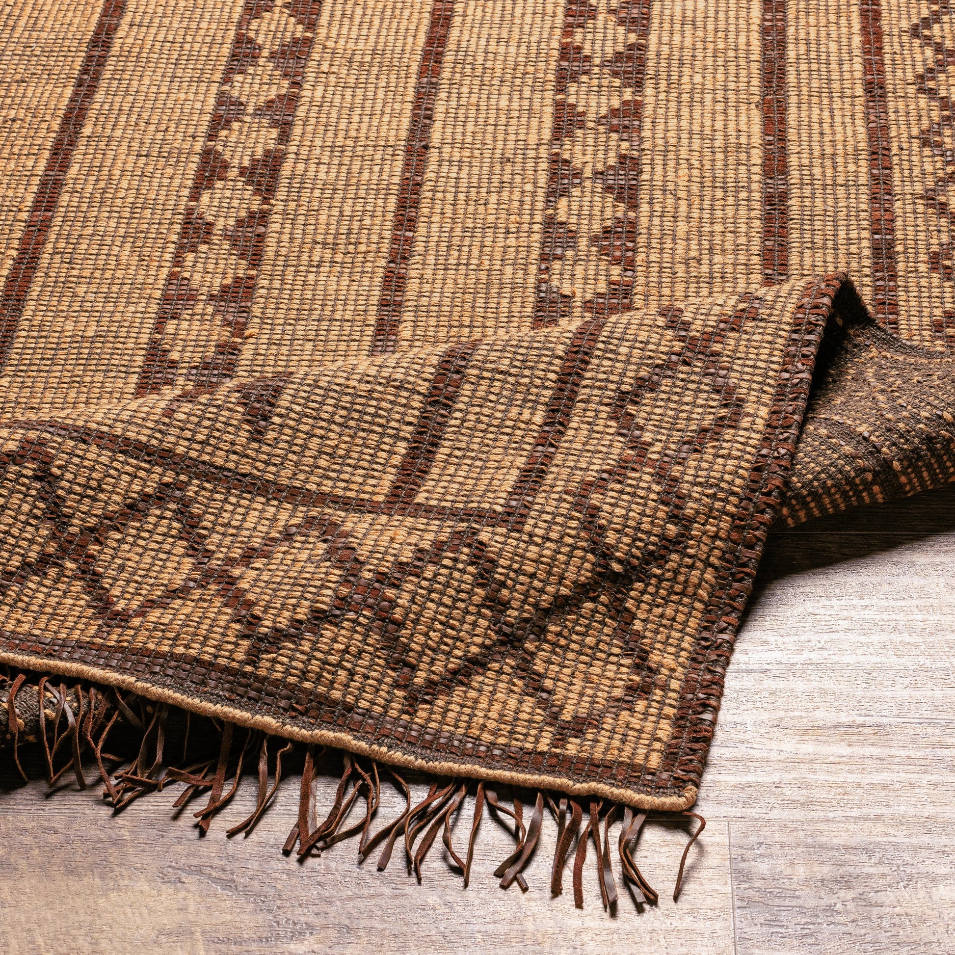 Touareg Rug - 28178 by Surya in tan, dark brown, charcoal. Made from face: 50% jute, 50% leather, warp: 100% jute in a unique style.