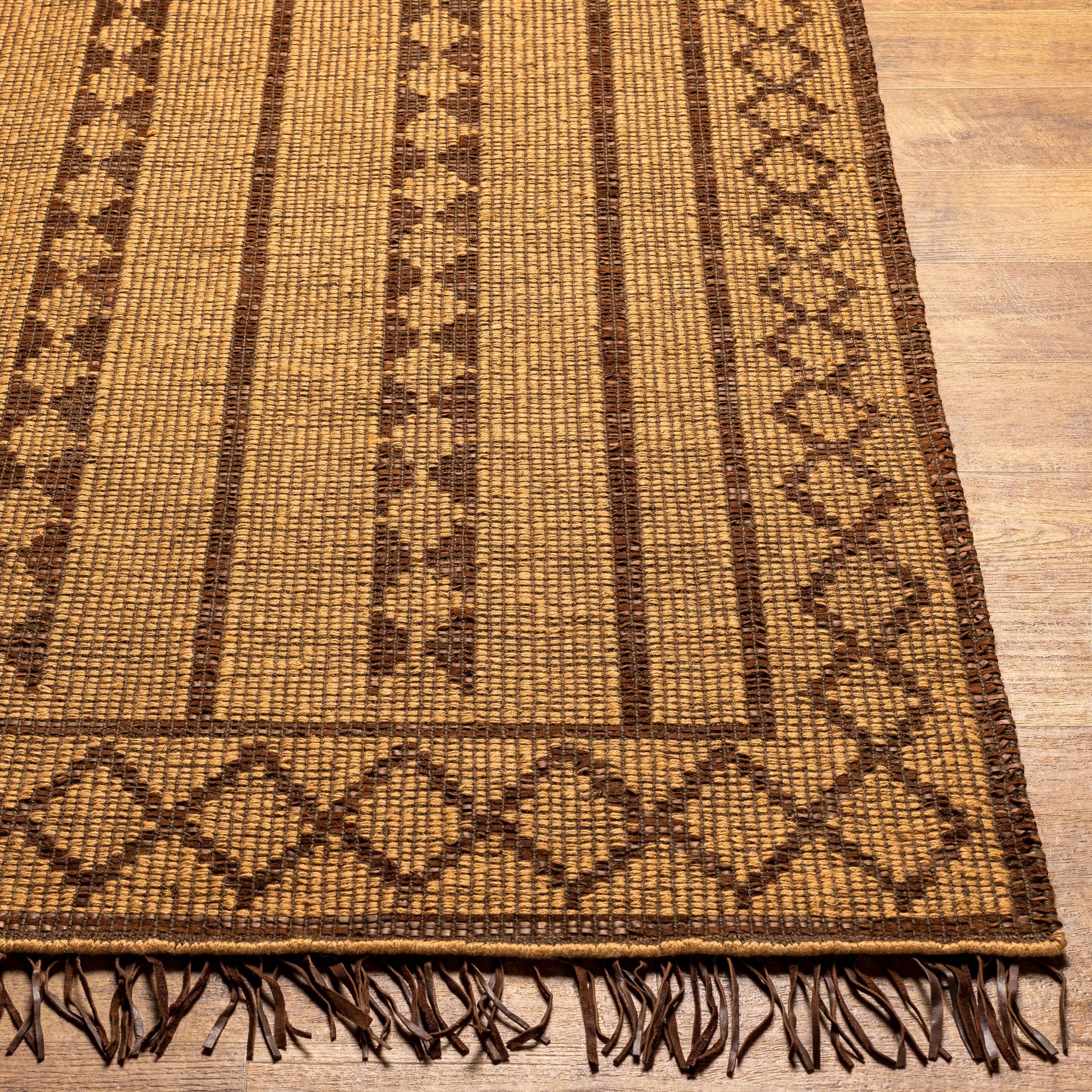 Touareg Rug - 28178 by Surya in tan, dark brown, charcoal. Made from face: 50% jute, 50% leather, warp: 100% jute in a unique style.
