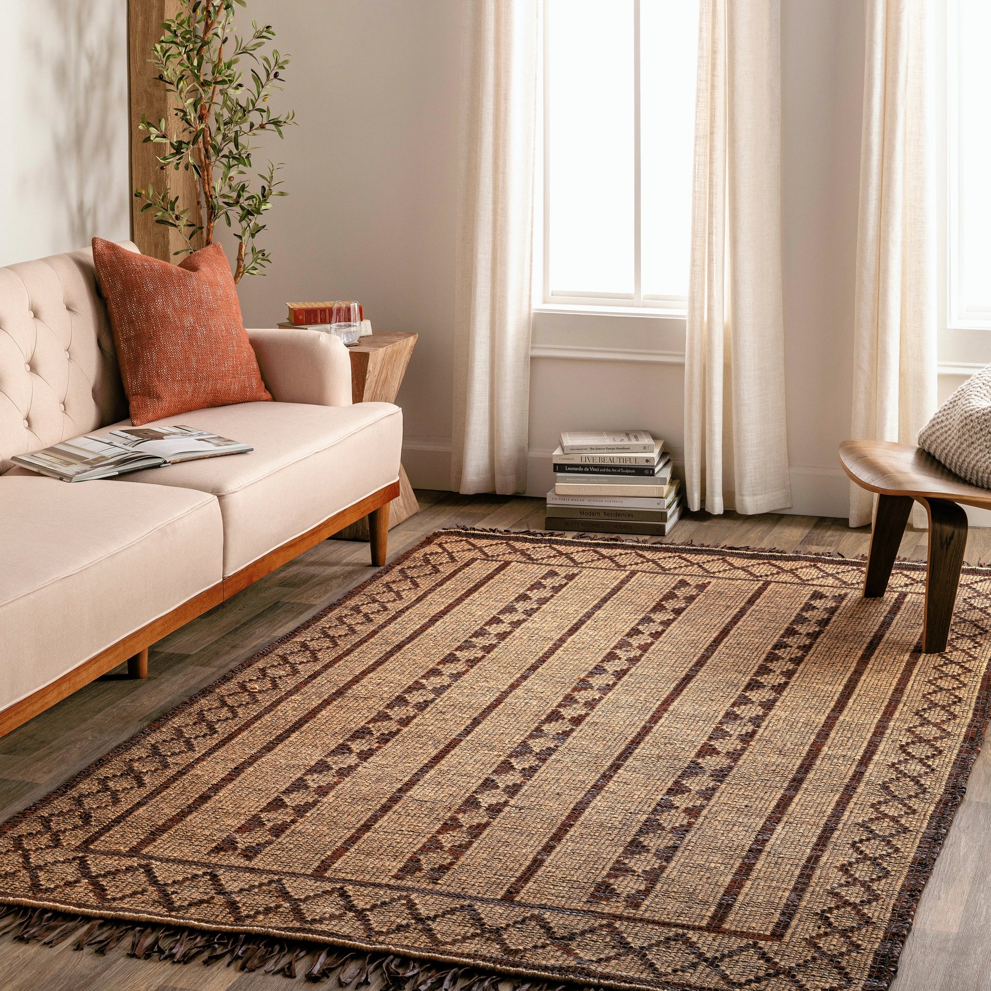 Touareg Rug - 28178 by Surya in tan, dark brown, charcoal. Made from face: 50% jute, 50% leather, warp: 100% jute in a unique style.