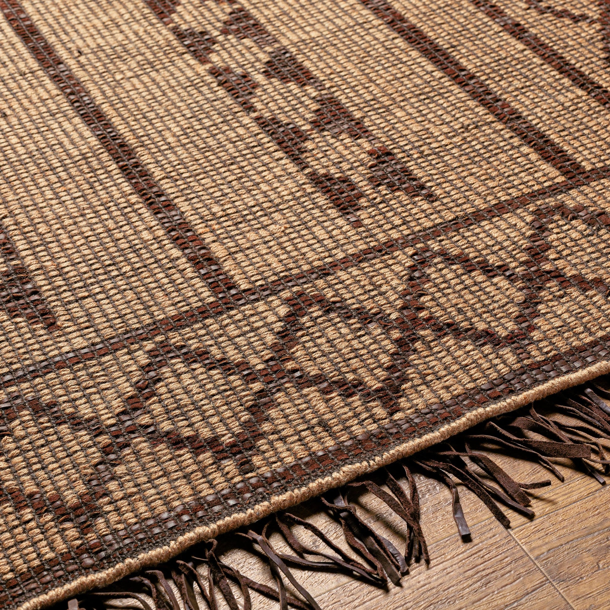 Touareg Rug - 28178 by Surya in tan, dark brown, charcoal. Made from face: 50% jute, 50% leather, warp: 100% jute in a unique style.