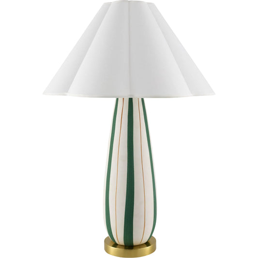 Tohen Accent Table Lamp by Surya in green, metallic brass. Made from ceramic, iron, linen, polyester in a eclectic & global style.