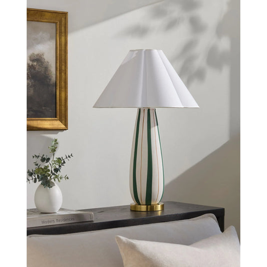 Tohen Accent Table Lamp by Surya in green, metallic brass. Made from ceramic, iron, linen, polyester in a eclectic & global style.