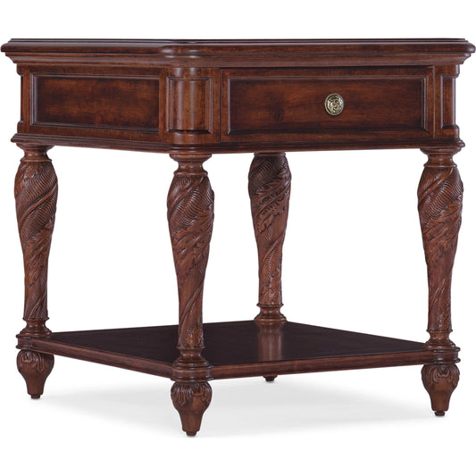 Charleston One-Drawer End Table by Hooker Furniture in maraschino cherry. Made from cherry veneers, walnut inlay with solid-wood edge top in a traditional style.