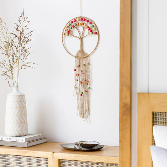 Tree of Life Indoor/Outdoor Wall Hanging by Surya in burnt orange, tan, pink, grass green, burgundy. Made from 100% jute in a cottage & farmhouse style.