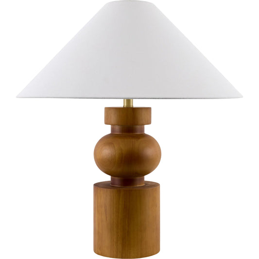 Torien Accent Table Lamp by Surya in brown, metallic gold. Made from rubber wood, linen, iron in a transitional style.
