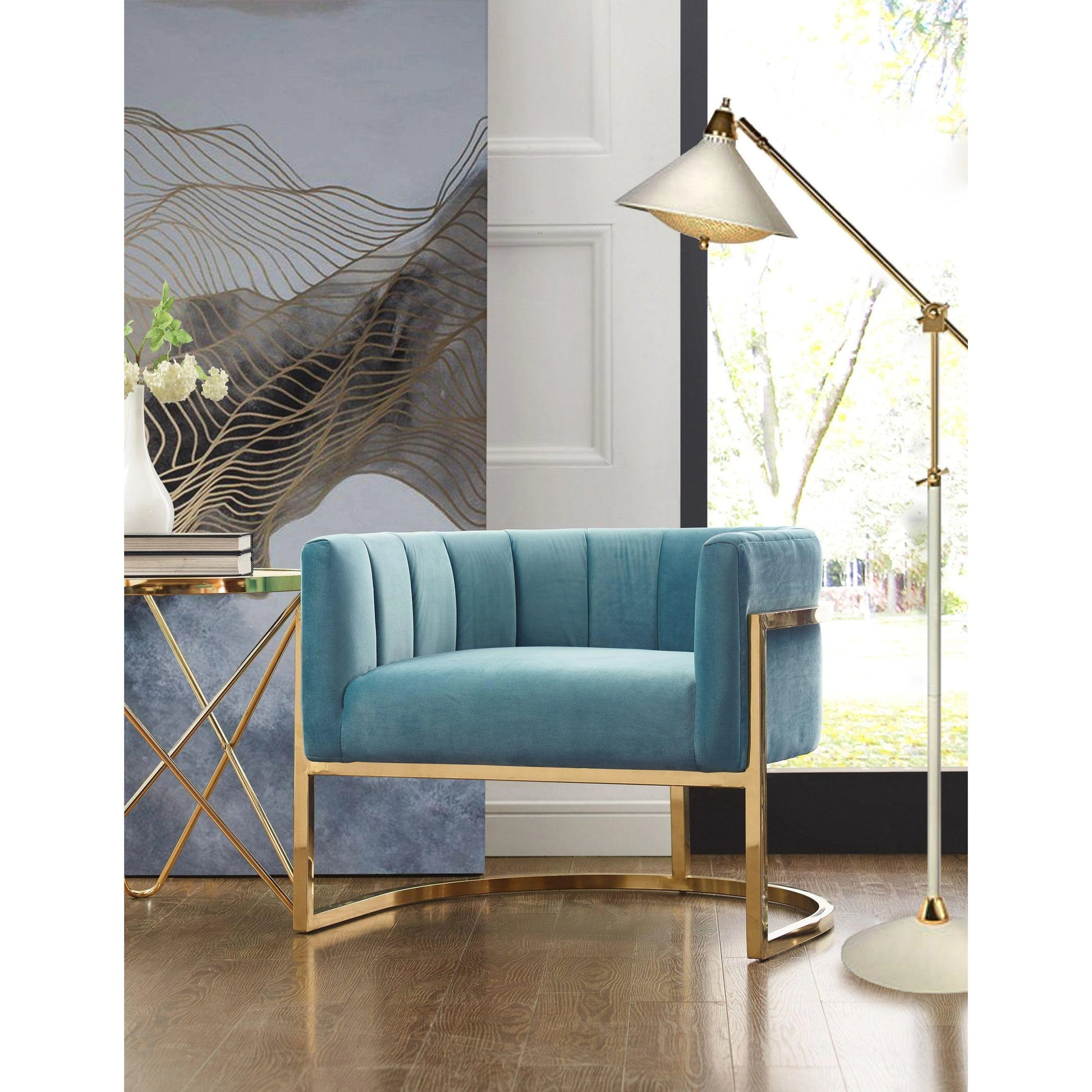 Gold Base Magnolia Chair by TOV Furniture in sea blue. Made from stainless steel, velvet in a modern style.