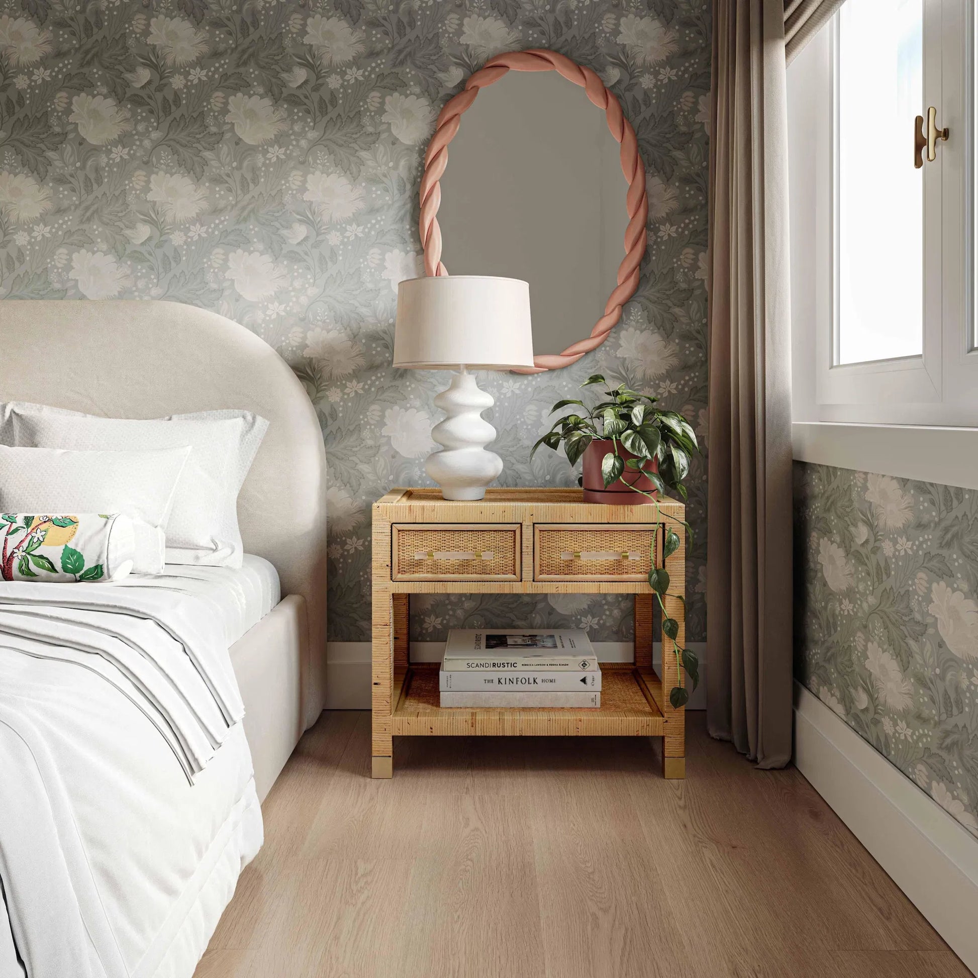 Amara Rattan Nightstand by TOV Furniture in natural. Made from brass, plywood, rattan, wood in a unique style.