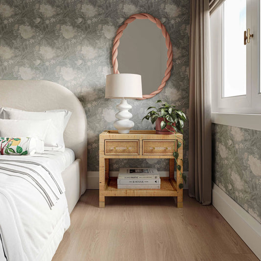 Amara Rattan Nightstand by TOV Furniture in natural. Made from brass, plywood, rattan, wood in a rustic style.