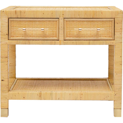 Amara Rattan Nightstand by TOV Furniture in natural. Made from brass, plywood, rattan, wood in a rustic style.